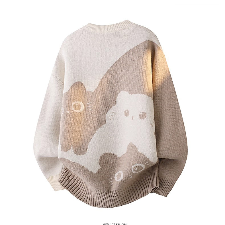 【トップス】カートゥーン猫柄 裏起毛 ニット 秋冬 メンズ レディース 高級感 ユニセックス【FCシリーズ】