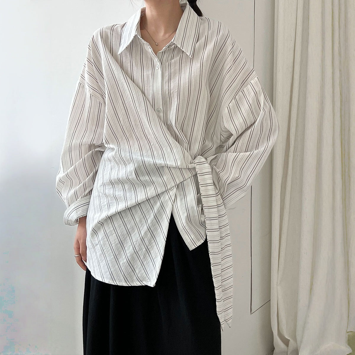 【トップス】春 秋 冬 ストライプ ウエストリボン シャツ 【JZシリーズ】