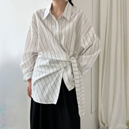【トップス】春 秋 冬 ストライプ ウエストリボン シャツ 【JZシリーズ】