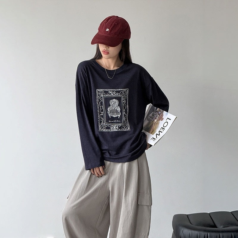 【トップス】ゆったり プリント クルーネック 長袖 カジュアルTシャツ 【JZシリーズ】
