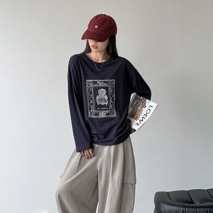 【トップス】ゆったり プリント クルーネック 長袖 カジュアルTシャツ 【JZシリーズ】