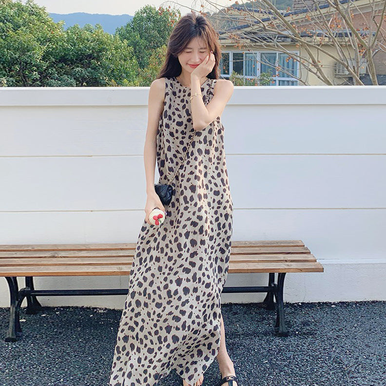 【ワンピース】大人可愛い ヒョウ柄 ノースリーブワンピース 夏 タンクトップ風 ロング丈【SHシリーズ】