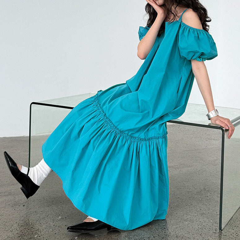 【ワンピース】韓国風スウィート 夏新作 オフショルダー パフスリーブ 半袖ワンピース【SNシリーズ】