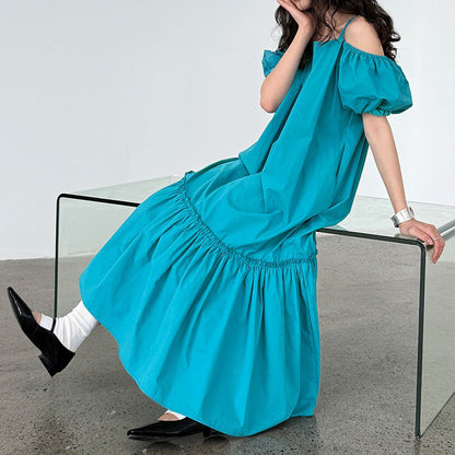【ワンピース】韓国風スウィート 夏新作 オフショルダー パフスリーブ 半袖ワンピース【SNシリーズ】