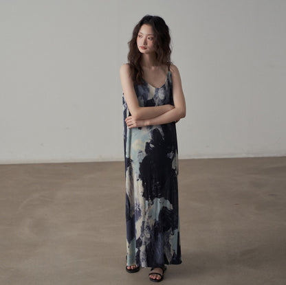 【ワンピース】フレンチヴィンテージ水墨画プリント・ゆったりカジュアル・ノースリーブワンピース【SHシリーズ】