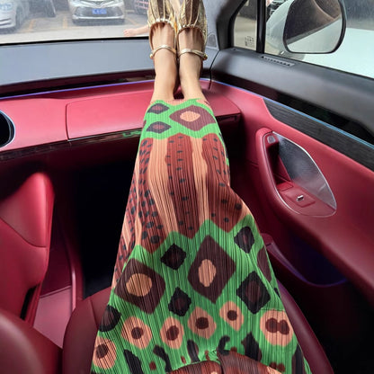 【ボトムス】プリーツカフェグリーン レトロプリント 高ウエスト着痩せスカート【SHシリーズ】