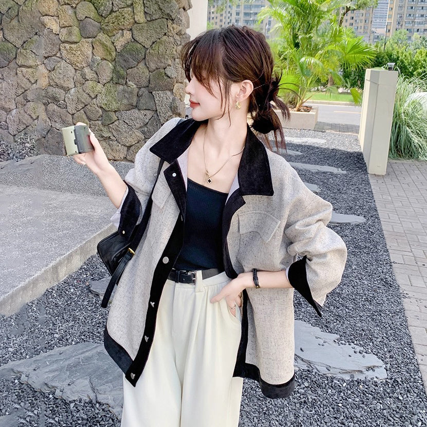 【アウター】レトロ 配色 切り替え カジュアル シャツジャケット レディース 春秋 ゆったり 【JZシリーズ】【SNシリーズ】