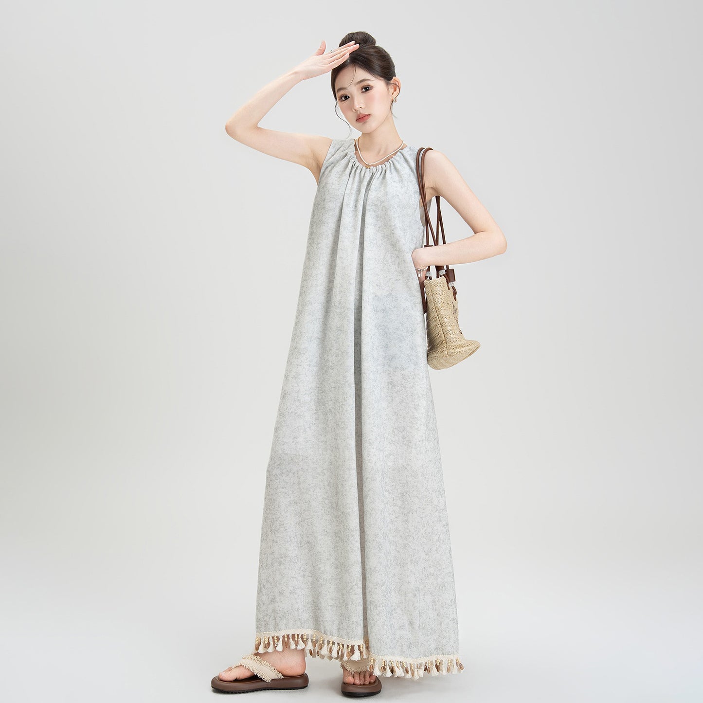 【ワンピース】ボヘミアン 夏新作 ゆったりスリム シェアードノースリーブタイダイワンピース【JZシリーズ】