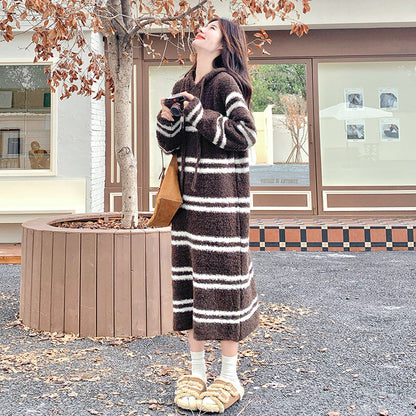 【ワンピース】ボーダー ニットパーカーワンピース レディース 韓国風 学院スタイル ミディ丈 大人可愛い【JZシリーズ】