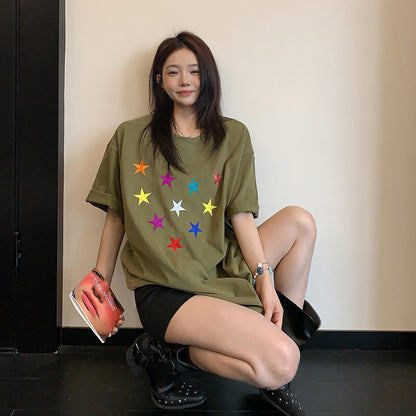 【トップス】ヴィンテージ加工 立体刺繍ヘビーTシャツ 夏新作 レディース 半袖 ストリート系【FCシリーズ】