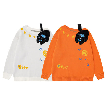 【トップス】アメリカンカジュアル 猫刺繍 オフショルダーニット 秋冬 オレンジ ゆったり レイジー感 セーター【FCシリーズ】