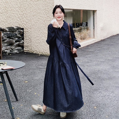 【ワンピース】レトロカジュアル ゆったりデニム 長袖ワンピース レディース フレンチエレガント 学院風 シャツワンピース【JZシリーズ】