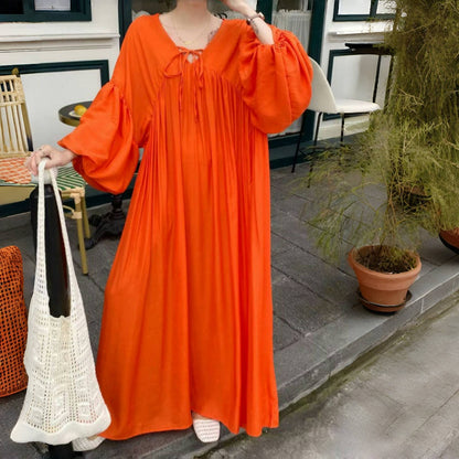 【ワンピース】全10色 韓国風 ゆったりバルーンスリーブ 大きいサイズ  長袖ワンピース