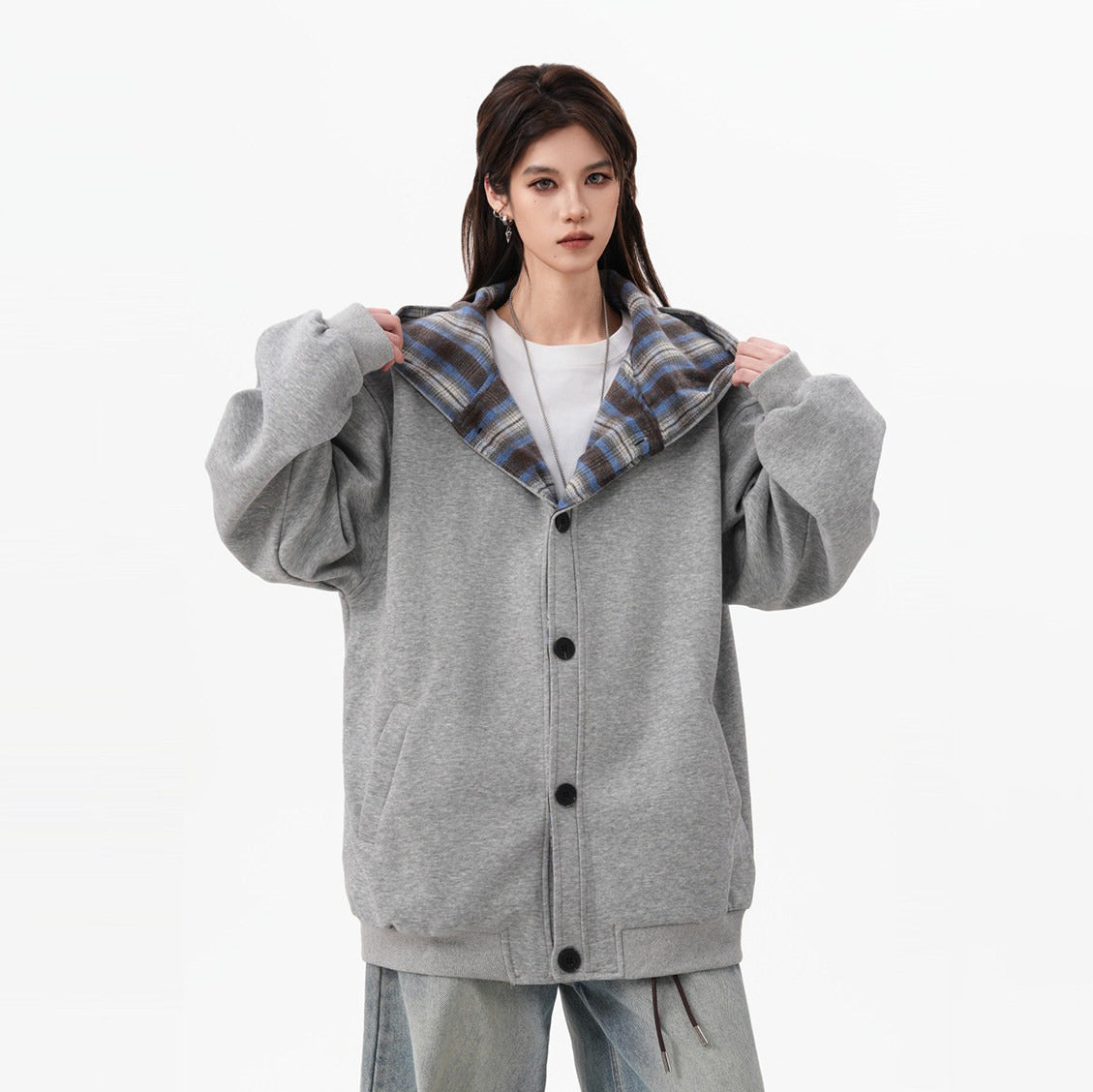 【アウター】アメリカンチェック切り替え ジップスウェットパーカー レディース 男女兼用 春 ヘビーウェイト ルーズシルエット スポーツジャケット レトロ学院風 フード付き【FCシリーズ】