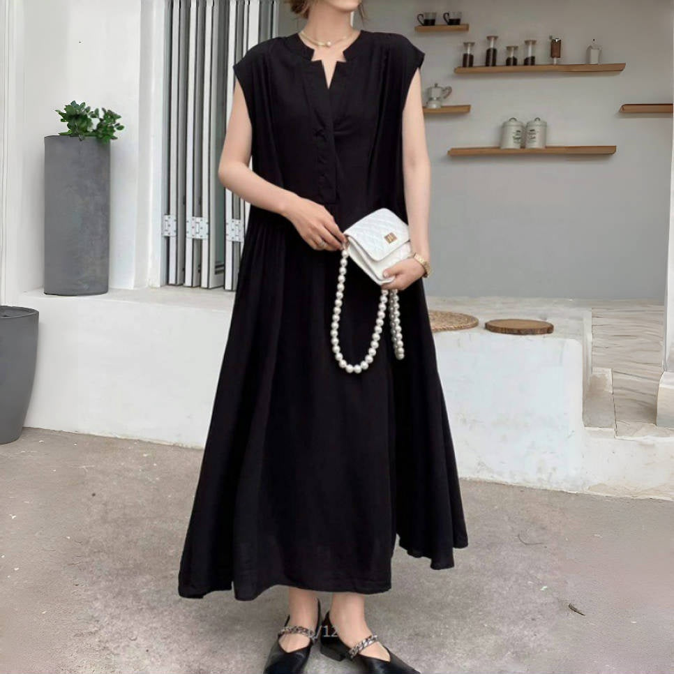 【ワンピース】夏 レトロアート風 ミディ丈 無地 ゆったり 大きいサイズ 半袖ワンピース