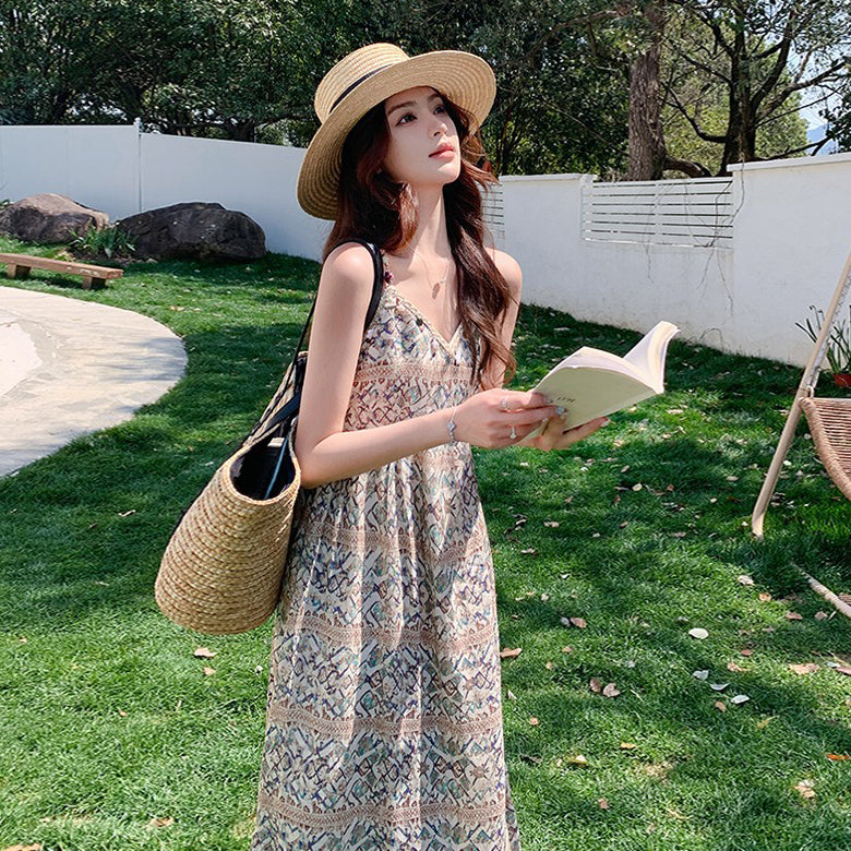 【ワンピース】バカンス映え ボヘミアン ノースリーブワンピース 花柄ロング丈 夏新作 リゾートスタイル【SHシリーズ】