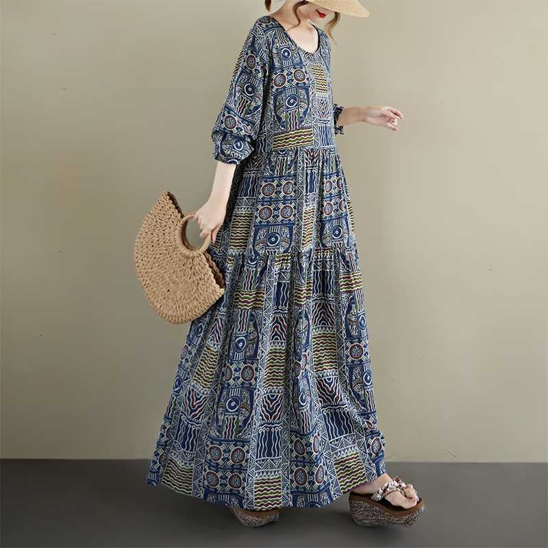 【ワンピース】秋新作ゆったり花柄ワンピース 大きめサイズ ファッション 長袖ドレス【SHシリーズ】