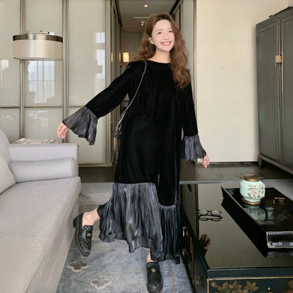 【ワンピース】春 秋 冬 フレンチ 高級感 気質よい フリル ベルベット 長袖ワンピース【JZシリーズ】