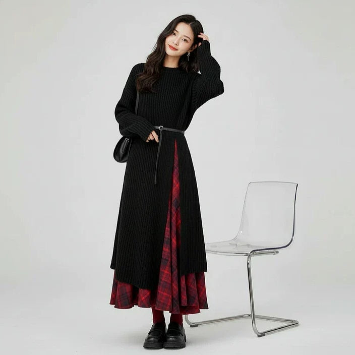 【セットアップ】春 秋 冬  ニット ワンピース+ベルト+チェック柄 スカート 3点セット 【JZシリーズ】