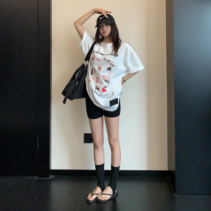 【トップス】Tシャツ レディース コットン100% カートゥーン アブストラクトプリント オーバーサイズ ヴィンテージ風 半袖【FCシリーズ】
