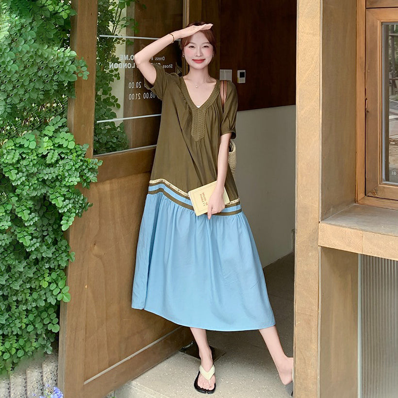 【ワンピース】夏 フレンチ ヴィンテージ  大人可愛い 配色 半袖ワンピース レディース 気質 若見え 超美しい Aラインロングドレス【JZシリーズ】