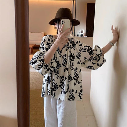 【トップス】フレンチ風パフスリーブ ゆるかわ花柄長袖ブラウス レディース【SHシリーズ】