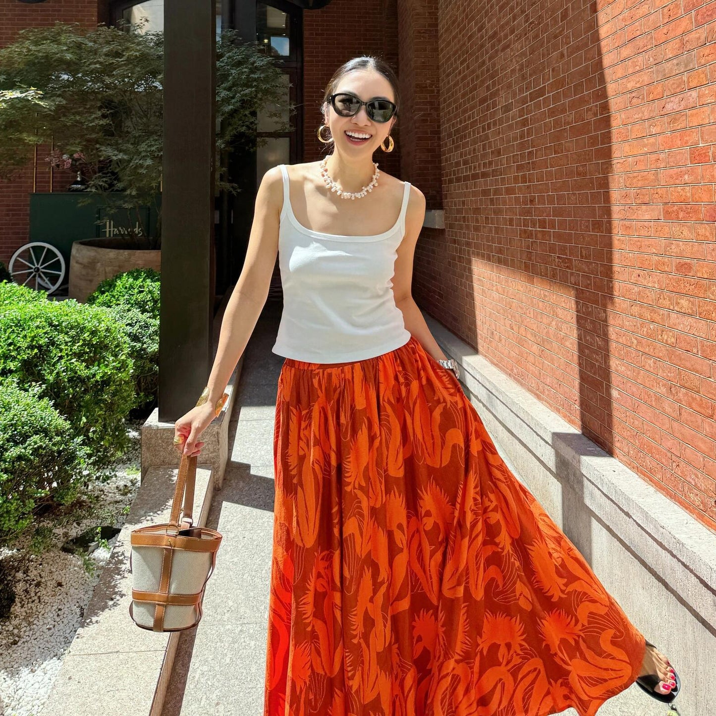 波西米亞風橘色百褶長裙｜垂墜感半身裙｜夏日度假風穿搭【SH系列】