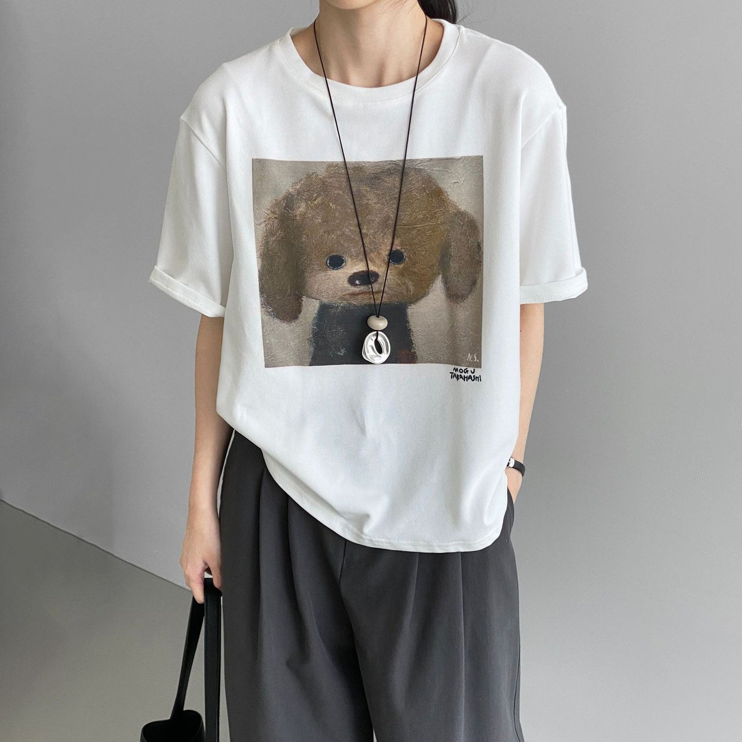 【トップス】韓国風 カートゥーン犬プリントTシャツ レディース クルーネック ゆったり体型カバー 半袖 カジュアル着回し【JZシリーズ】