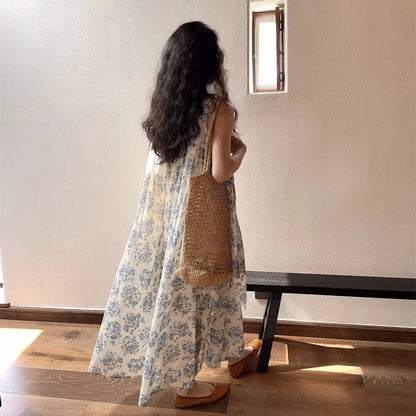 【ワンピース】フレンチシンプル ブルーフラワー プリント 大きな裾広がり Aライン ノースリーブワンピース【SHシリーズ】