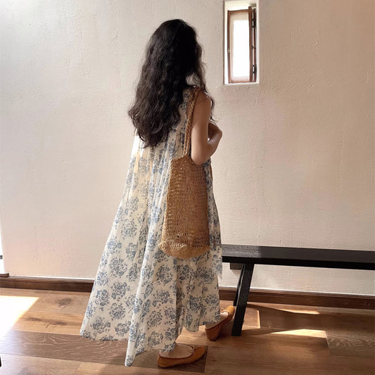 【ワンピース】フレンチシンプル ブルーフラワー プリント 大きな裾広がり Aライン ノースリーブワンピース【SHシリーズ】