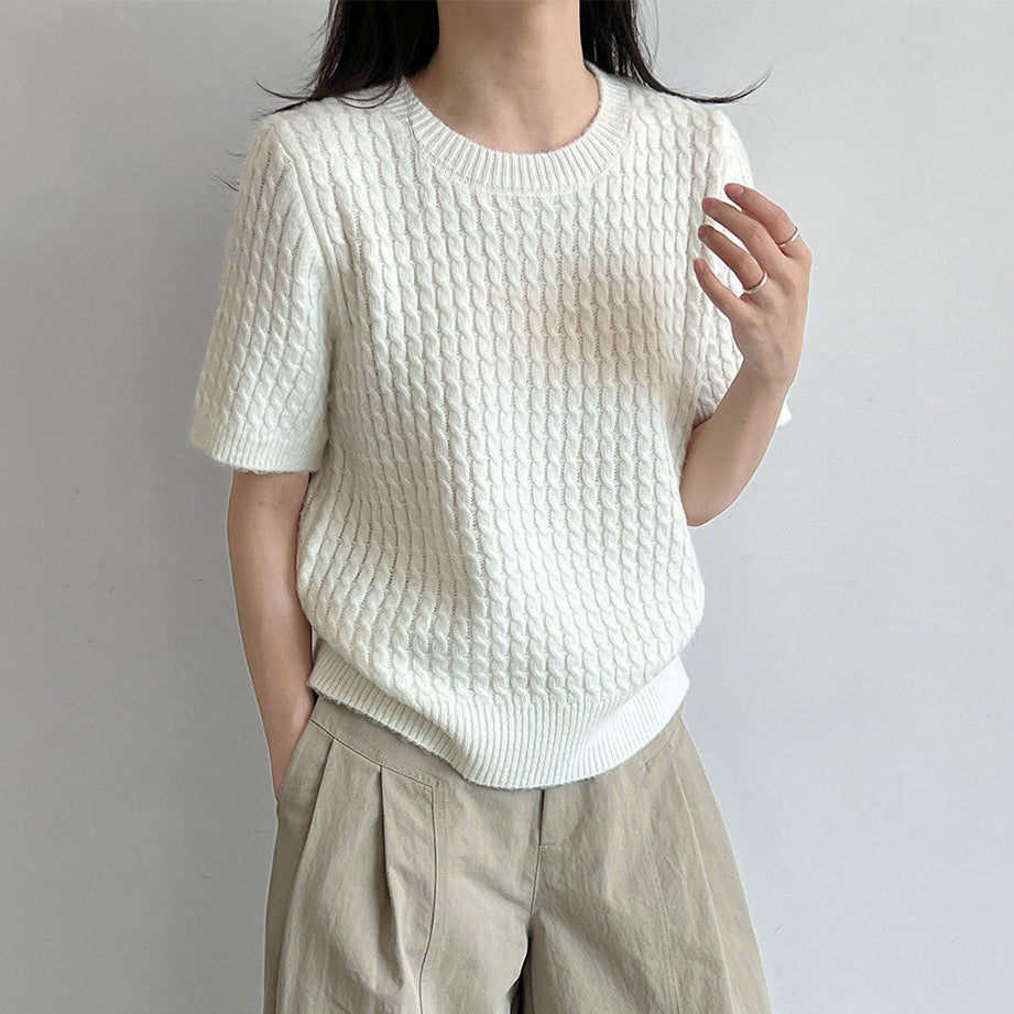 【トップス】韓国系 ニットTシャツ レディース 編み柄デザイン 半袖 細見え シンプルブラウス【JZシリーズ】