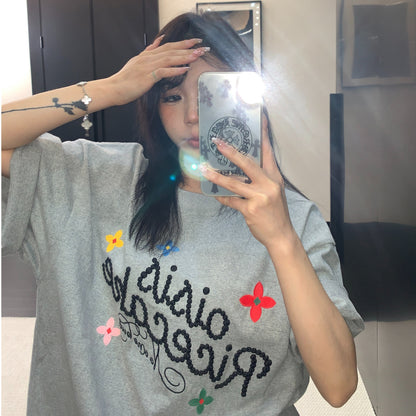 【トップス】レトロ コットン100％ 立体刺繍 オーバーサイズ 半袖 Tシャツ 【FCシリーズ】
