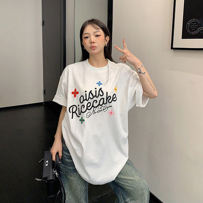 【トップス】刺繍 Tシャツ レディース 夏 半袖 コットン ゆったり クルーネック オーバーサイズ 人気 リラックスコーデ【FCシリーズ】