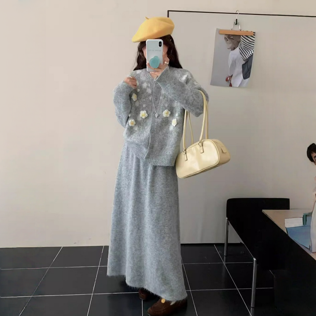 【セットアップ】春 秋 冬 立体刺繍フラワー +ハイウエスト ニットスカート 2点上下セット 【JZシリーズ】