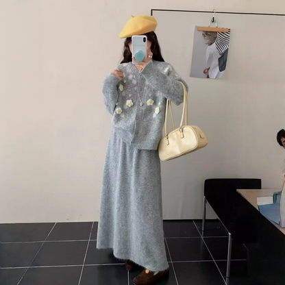 【セットアップ】春 秋 冬 立体刺繍フラワー +ハイウエスト ニットスカート 2点上下セット 【JZシリーズ】