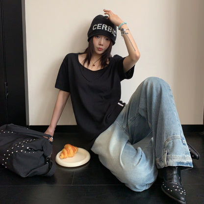 【トップス】ダブルVネック 半袖Tシャツ レディース ミニマル 上品見え ショート丈 きれいめ リラックス感【FCシリーズ】