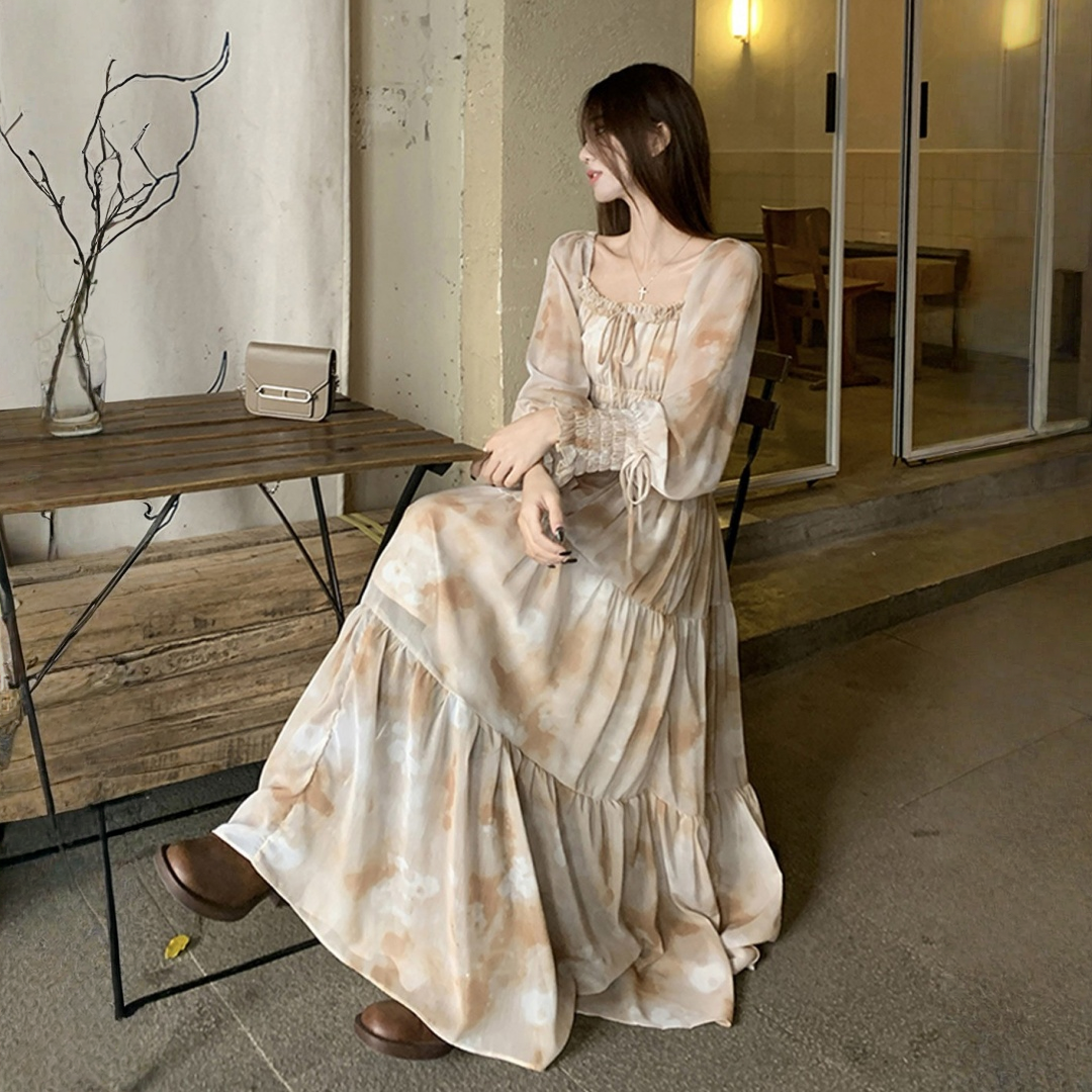 【ワンピース】フレンチ 小花柄 ウエストゴム スクエアネック 長袖 ワンピース 【SHシリーズ】