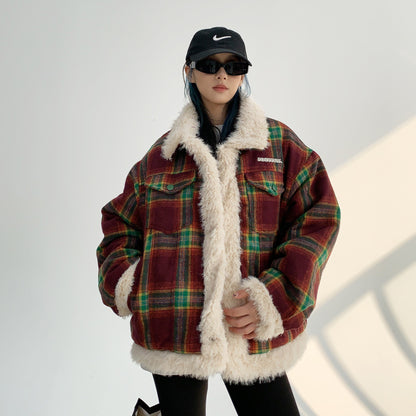 【アウター】秋冬 レトロ ゆったり 厚い保温 切り替えし チェック柄 ジャケット【FCシリーズ】