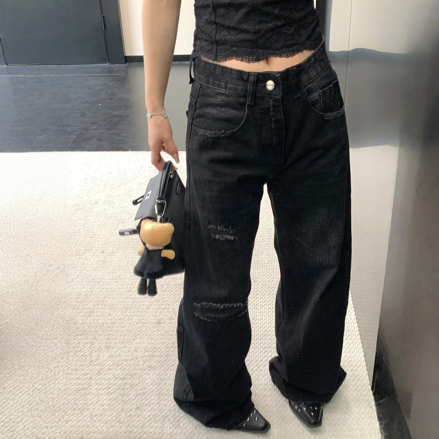 【ボトムス】ダメージ加工 ストレート レトロ ワイドパンツ 【FCシリーズ】