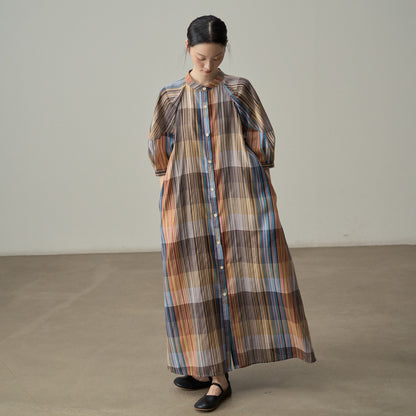 【ワンピース】フレンチリゾート風 チェック柄ロングシャツワンピース 半袖 ゆったりシルエット【SHシリーズ】