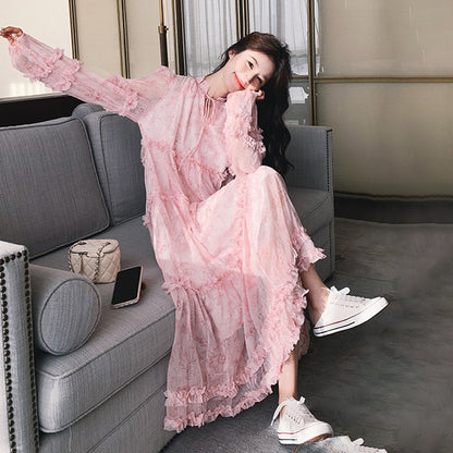 【ワンピース】フレンチ 花柄 長袖ワンピース｜上品 ティアード ロング丈｜ロマンチック ゆるシルエット 体型カバー 映えドレス【SHシリーズ】