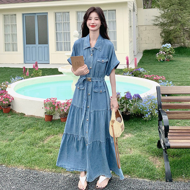 【ワンピース】デザイン感デニムワンピース レディース 天丝素材 半袖 ロング丈 韓国風 夏【JZシリーズ】
