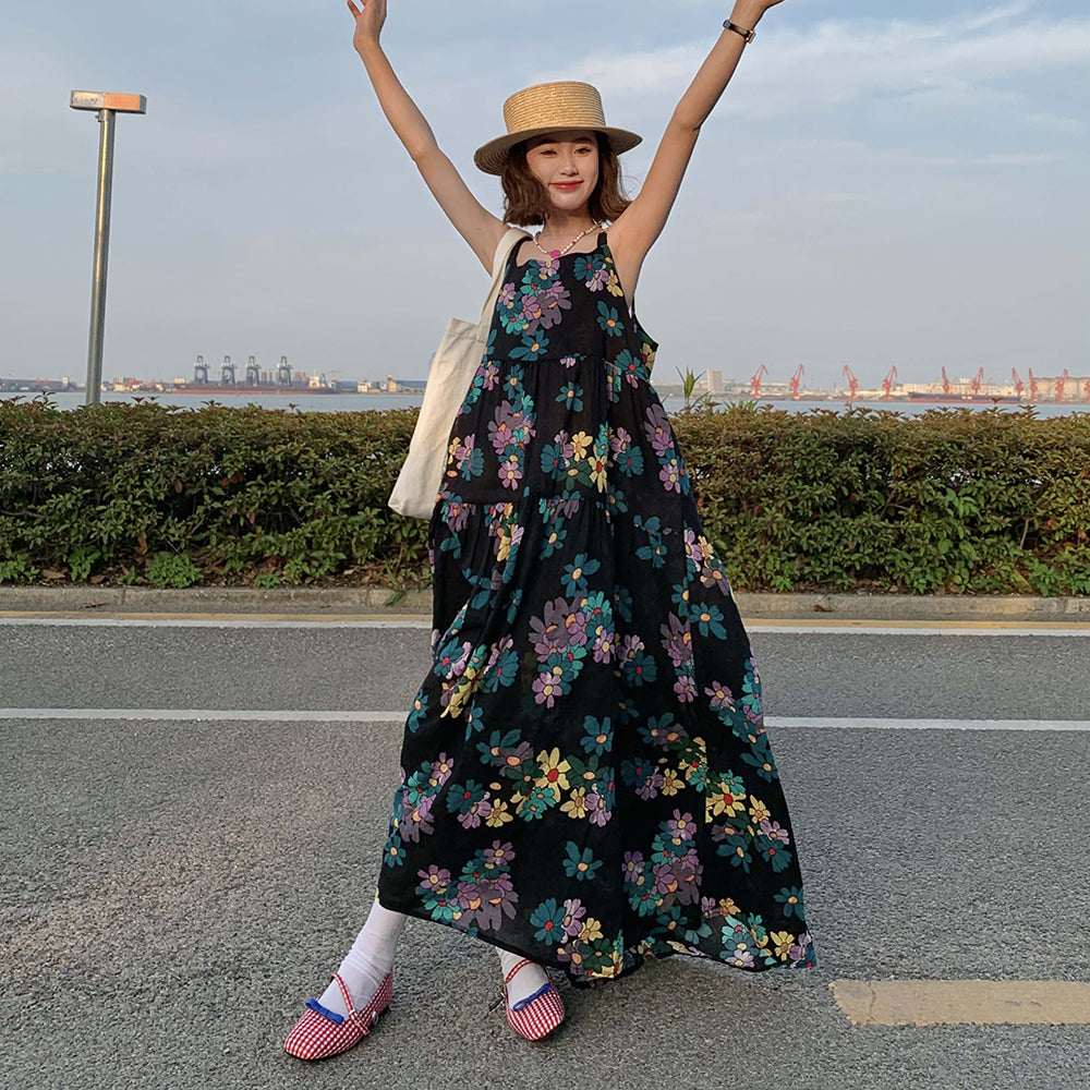 【ワンピース】夏新作 ヴィンテージ風 ゆるシルエット スリム効果ノースリーブキャミワンピース 【SHシリーズ】