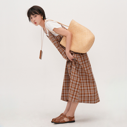 【ワンピース】【15～18日内発送】夏 レトロチェック柄 リボン付き ベスト ノースリーブ ワンピース 【JZシリーズ】