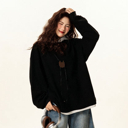 【トップス】フェイクレイヤード フードパーカー 春秋 男女兼用 ゆったり カジュアル トップス【FCシリーズ】