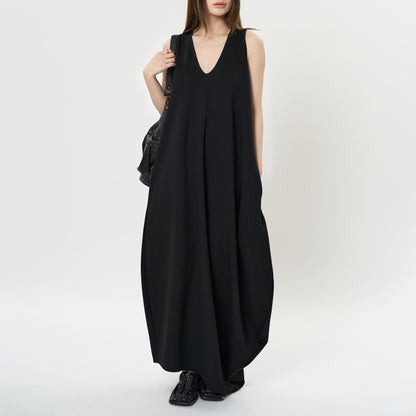 【ワンピース】夏 フレンチ ディープUネック アシンメトリー スリム バロン ノースリーブワンピース【JZシリーズ】