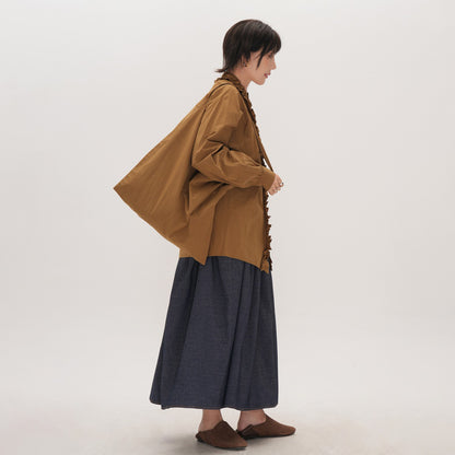 【トップス】フリル襟シャツ レディース ゆったり 大きめサイズ ミディアムロング 長袖シャツ 秋【JZシリーズ】