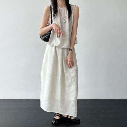 【セットアップ】リラックス風 セミシアー ノースリーブ トップス & スカート 上下セット レディース 夏 フェミニン 大人可愛い 通勤 ゆったり 体型カバー 人気【JZシリーズ】
