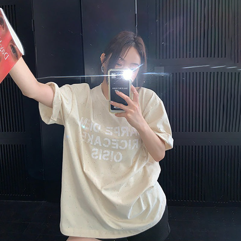 【トップス】ストリート系 ヴィンテージ加工 スノーフレーク柄Tシャツ 夏 レディース ルーズ 半袖【FCシリーズ】