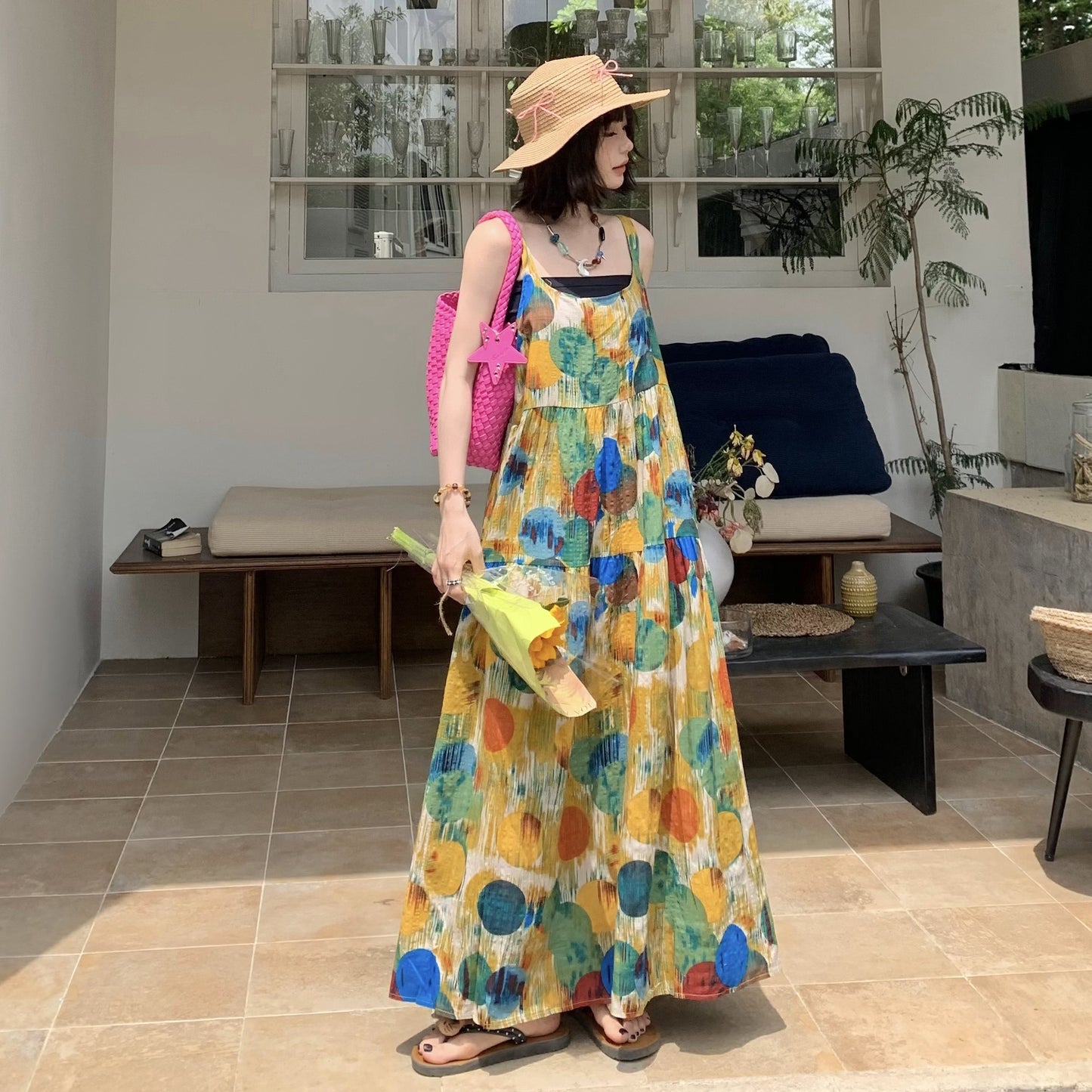 🚀 大人気商品【ワンピース】アート油絵風 ゆったりレトロ 着痩せ効果 ノースリーブワンピース【SHシリーズ】